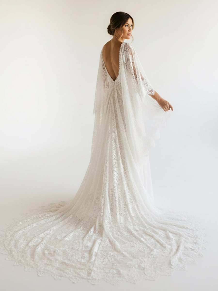 Anais | Ivory Long Sleeve Cape Lace Mermaid Wedding Dress with Appliques - KissProm