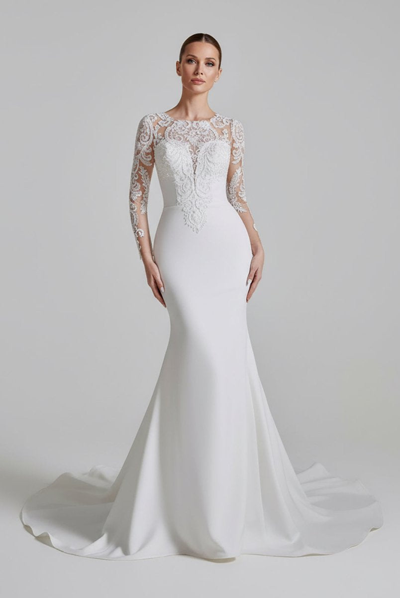Mermaid White Lace Appliques Beaded Wedding Dress - KissProm