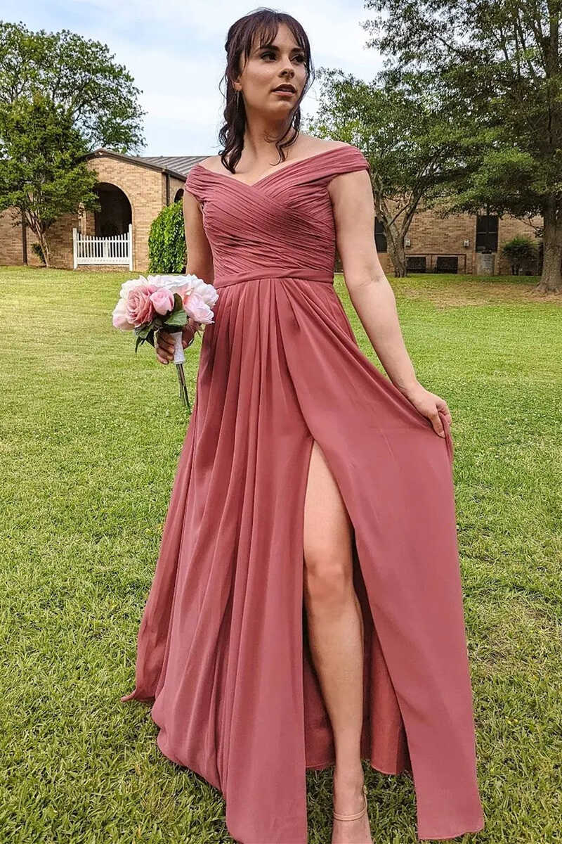 Chiffon Off - the - Shoulder Long Bridesmaid Dress with Slit - KissProm