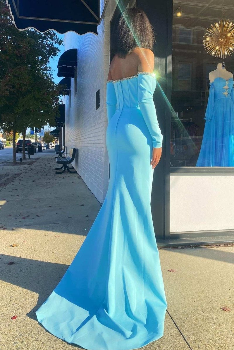 Aqua Off - the - Shoulder Long Sleeve Mermaid Formal Dress - KissProm