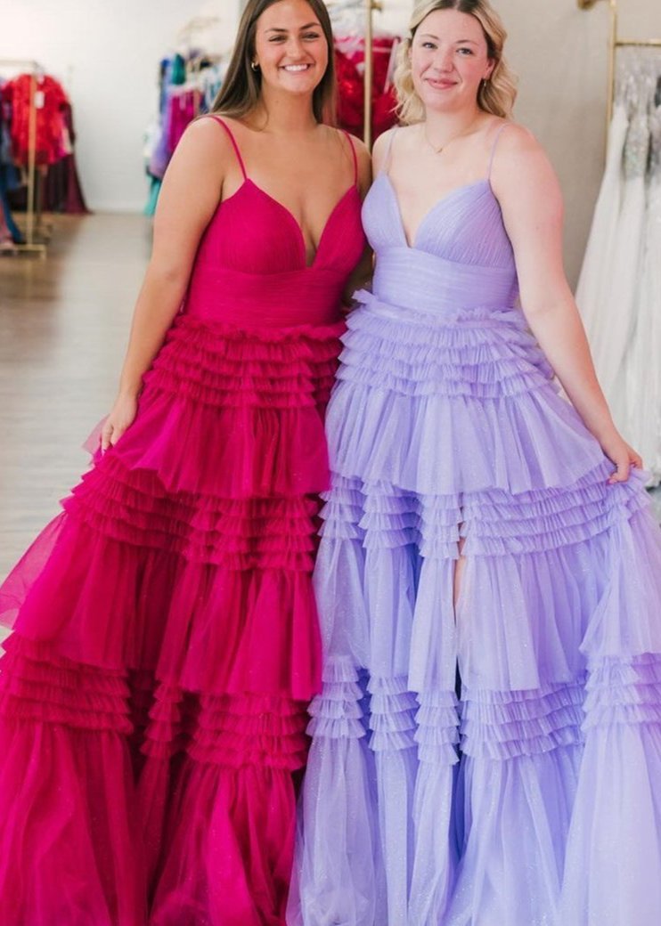 Amanda| A-Line Spaghetti Straps Long Tiered Tulle Prom Dress With Split