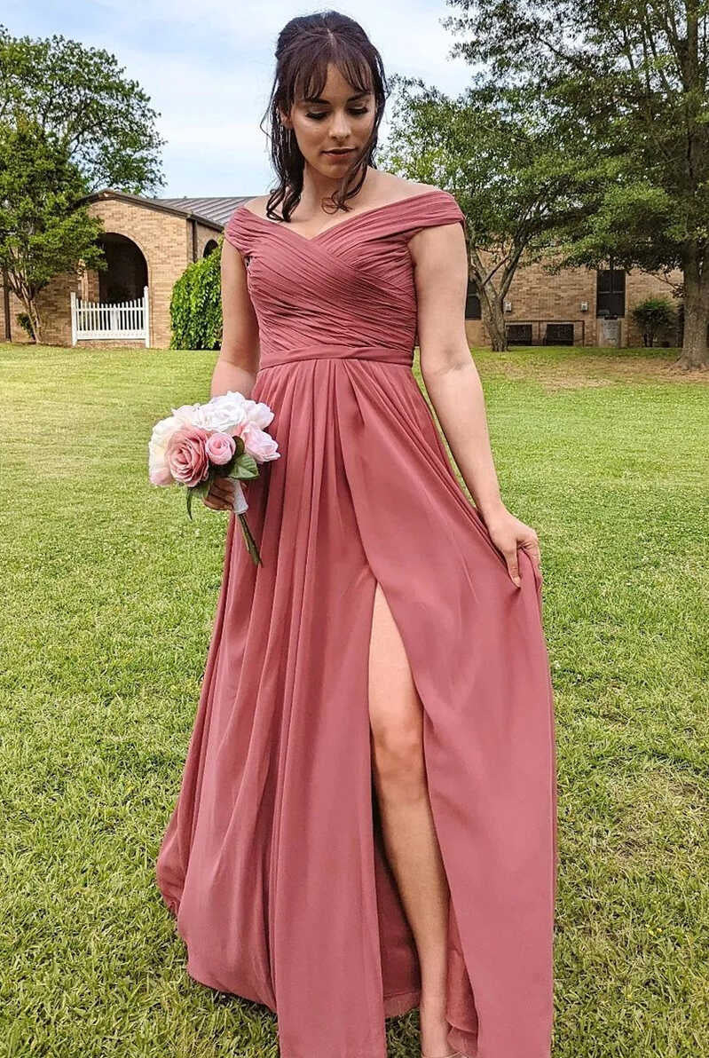 Chiffon Off - the - Shoulder Long Bridesmaid Dress with Slit - KissProm