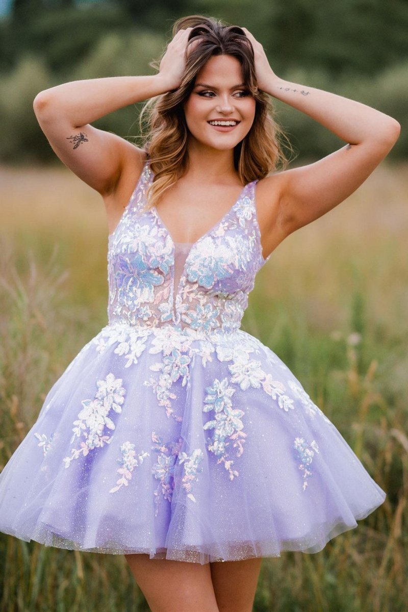 Lace Plunge V Backless A-Line Short Homecoming Dress Lace Plunge V Backless A-Line Short Homecoming Dress