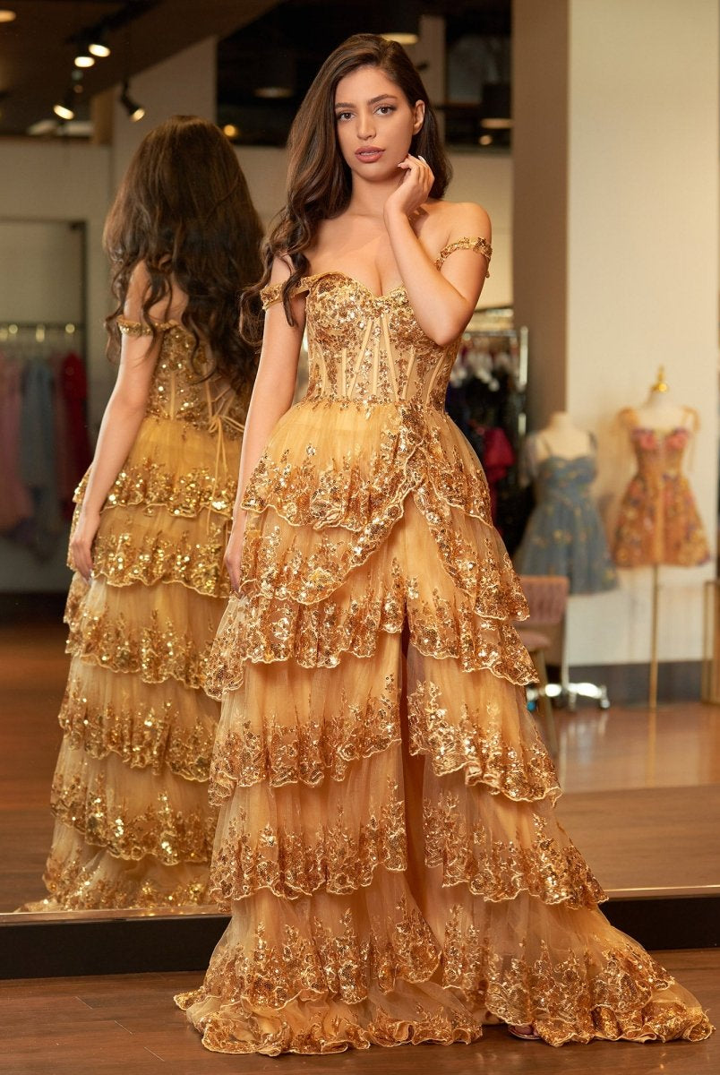 Gold Princess A Line Off the Shoulder Corset Prom Dress with Lace Ruffles - KissProm