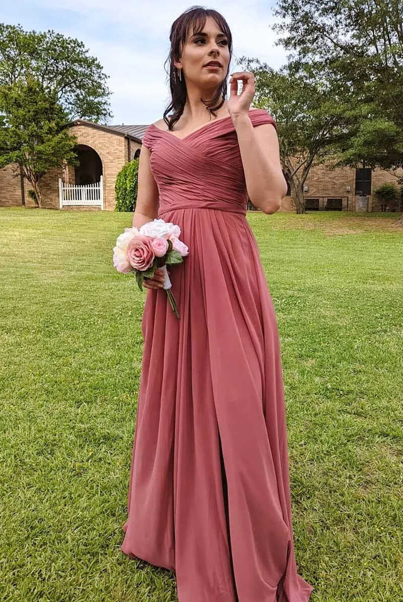 Chiffon Off - the - Shoulder Long Bridesmaid Dress with Slit - KissProm