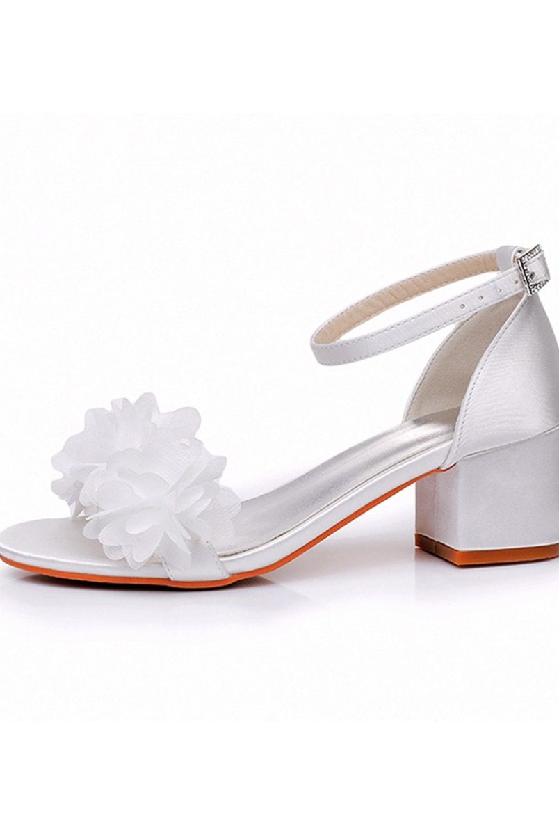 White Floral Satin Open Toe Low Chunky Heels - KissProm