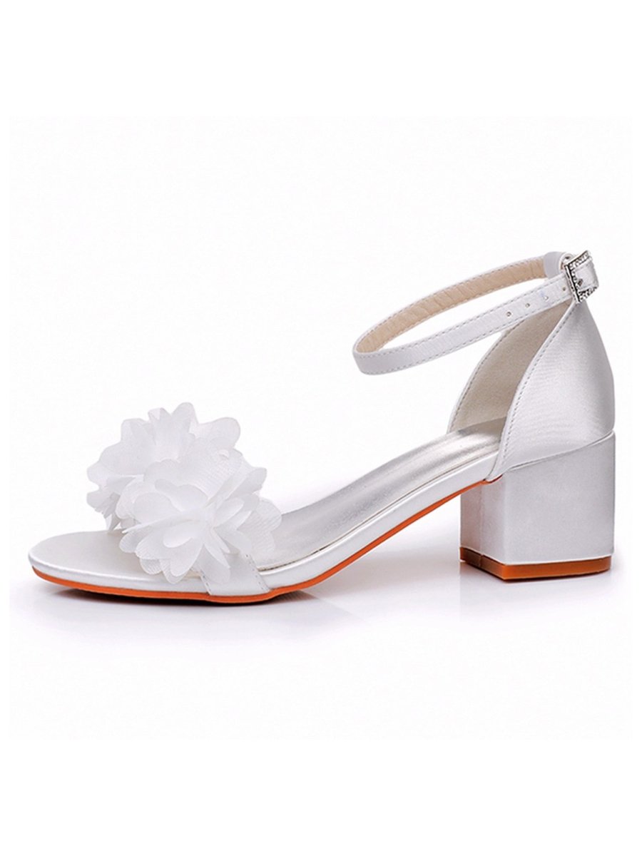 White Floral Satin Open Toe Low Chunky Heels - KissProm