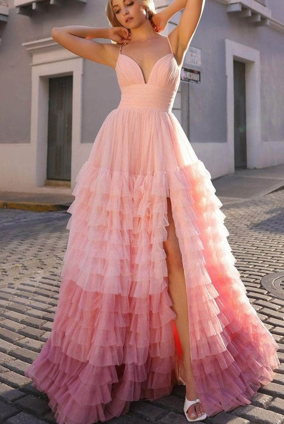 Linae | A Line V Neck Lilac Tulle Prom Dresses with Slit - KissProm