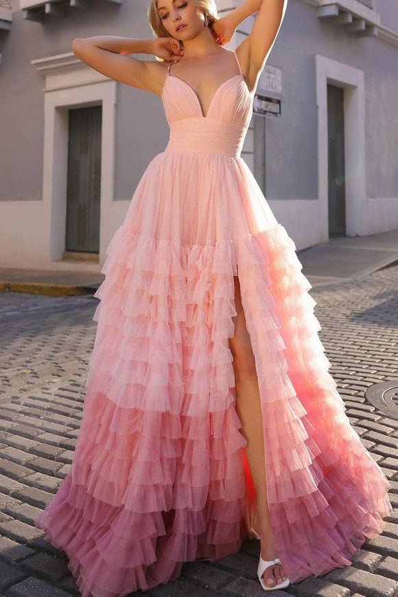 Linae | A Line V Neck Lilac Tulle Prom Dresses with Slit - KissProm