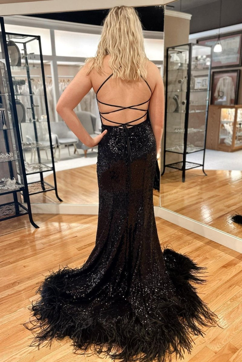 Annie | Blue Sequin Feather Lace - Up Back Mermaid Long Prom Dress with Slit - KissProm