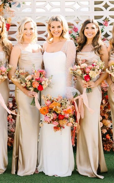 Mermaid Satin Simple Wedding Dress With Square Neckline And Long Sleeve