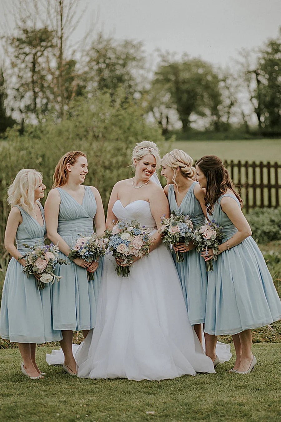 Dusty Blue A - Line Mid - Calf Ruched Chiffon Bridesmaid Dress - KissProm