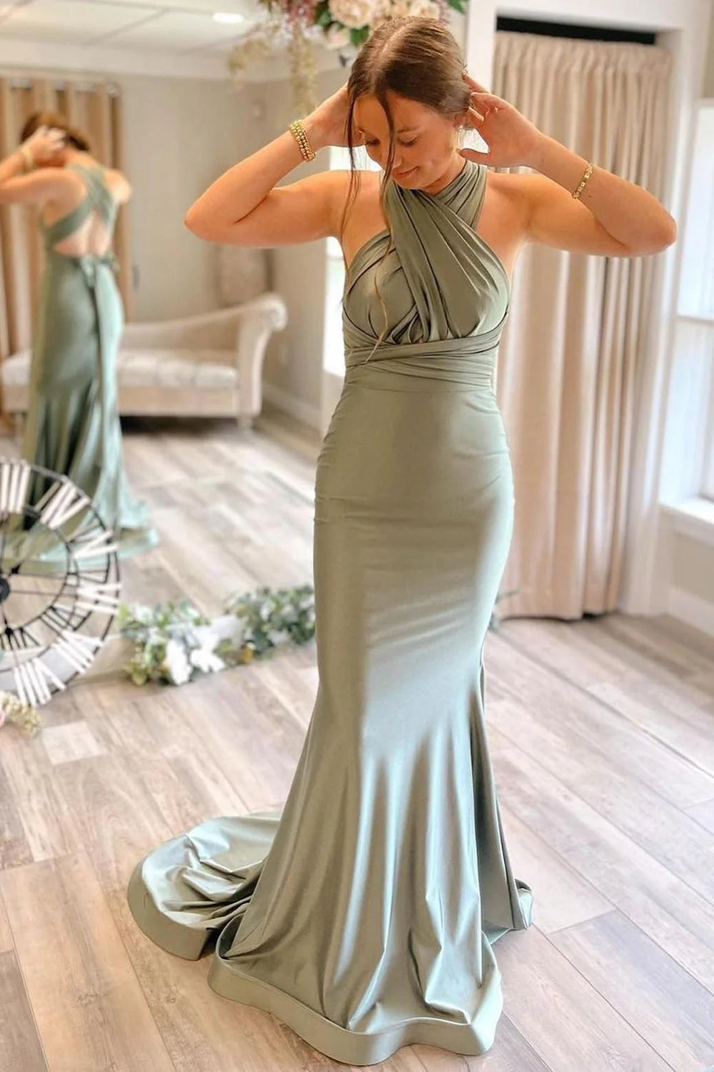 Light Green Convertible Satin Mermaid Prom Bridesmaid Dress - KissProm