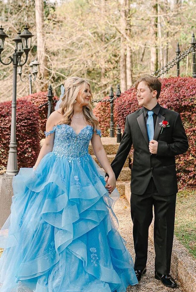 Blue Off the Shoulder Ruffle Tiered Tulle Long Prom Dresses with Appliques - KissProm