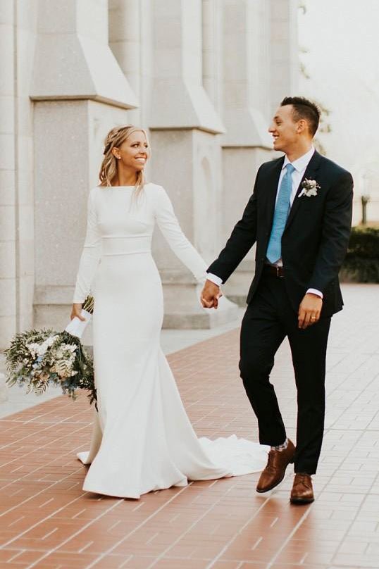 Modest Long Sleeve Satin Wedding Dress with Sweep Train Diamond White / 18