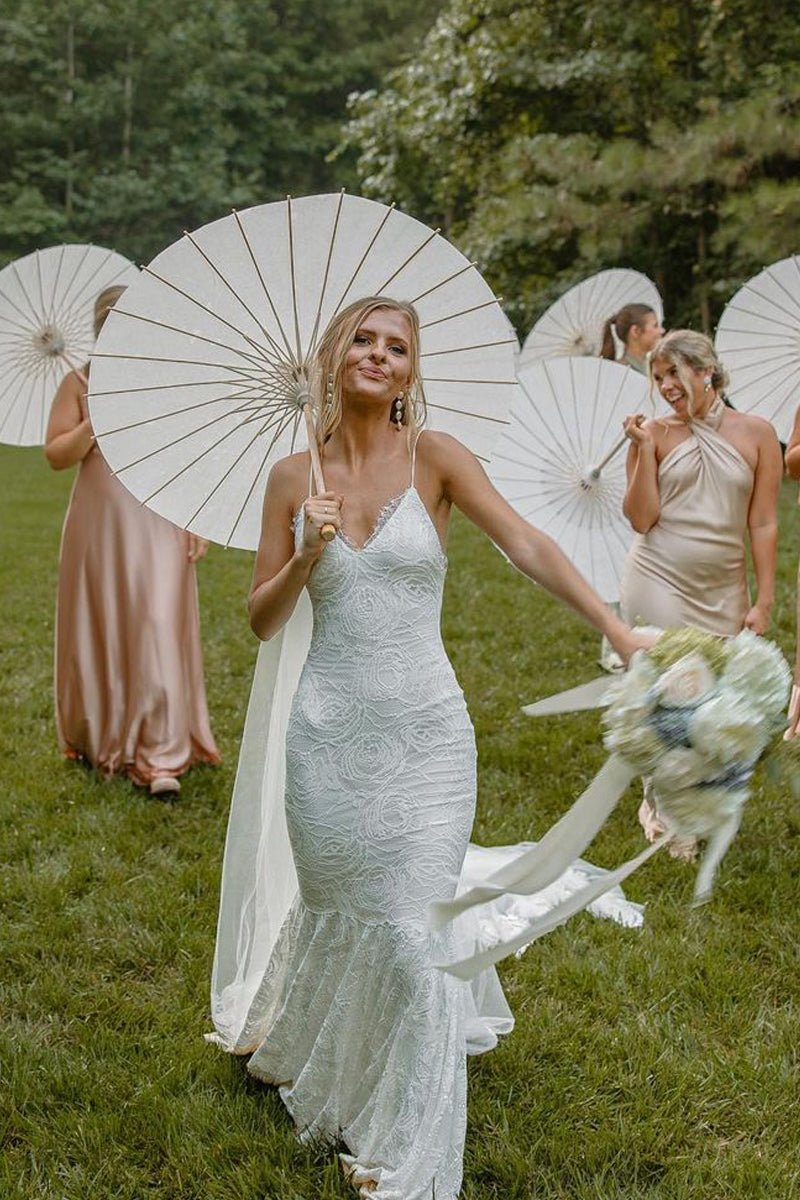 Boho Mermaid V Neck Lace Wedding Dresses - KissProm