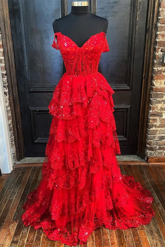 Red Princess A Line Off the Shoulder Corset Prom Dress with Lace Ruffles