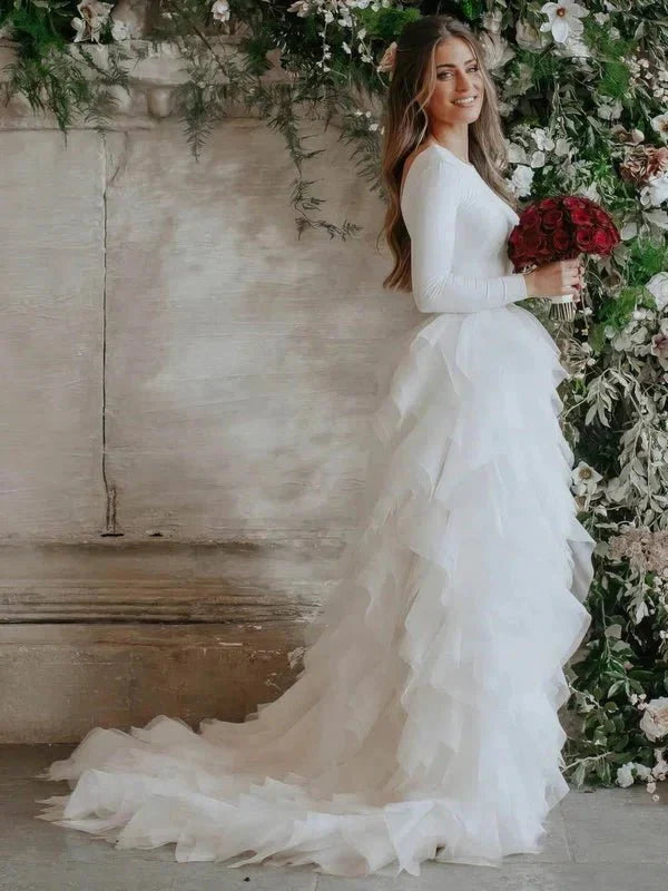 chinese dress ladies A-Line Tulle Ruffles Bateau Long Sleeves Court Train Wedding Dresses Diamond White / 16