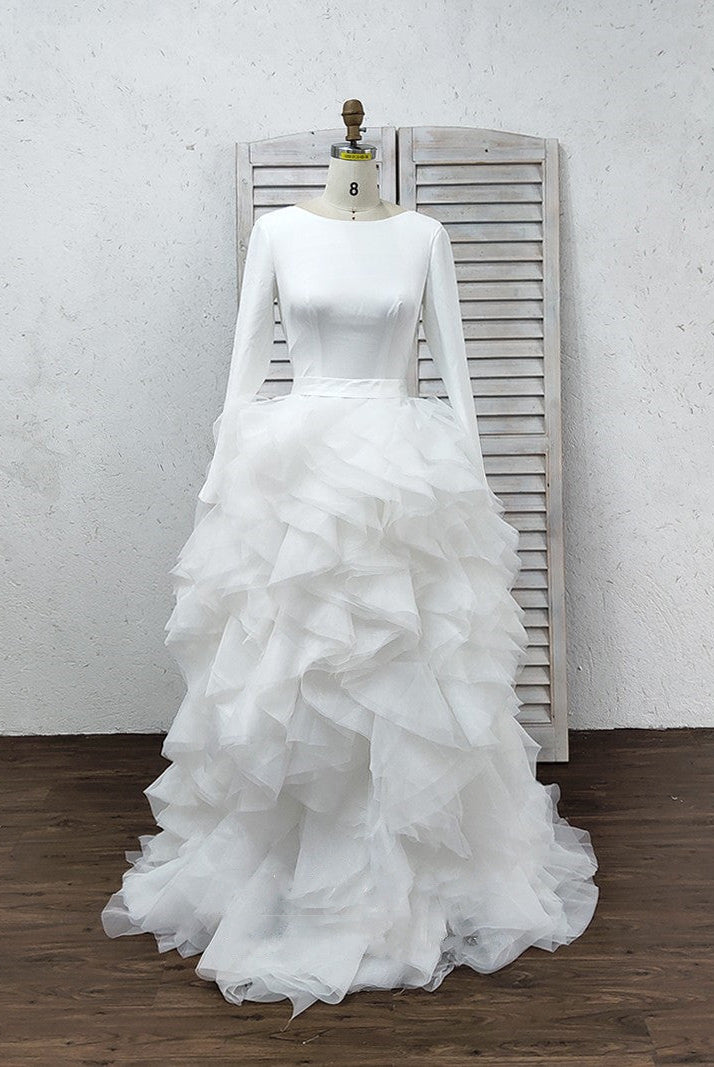 A-Line Tulle Ruffles Bateau Long Sleeves Court Train Wedding Dresses