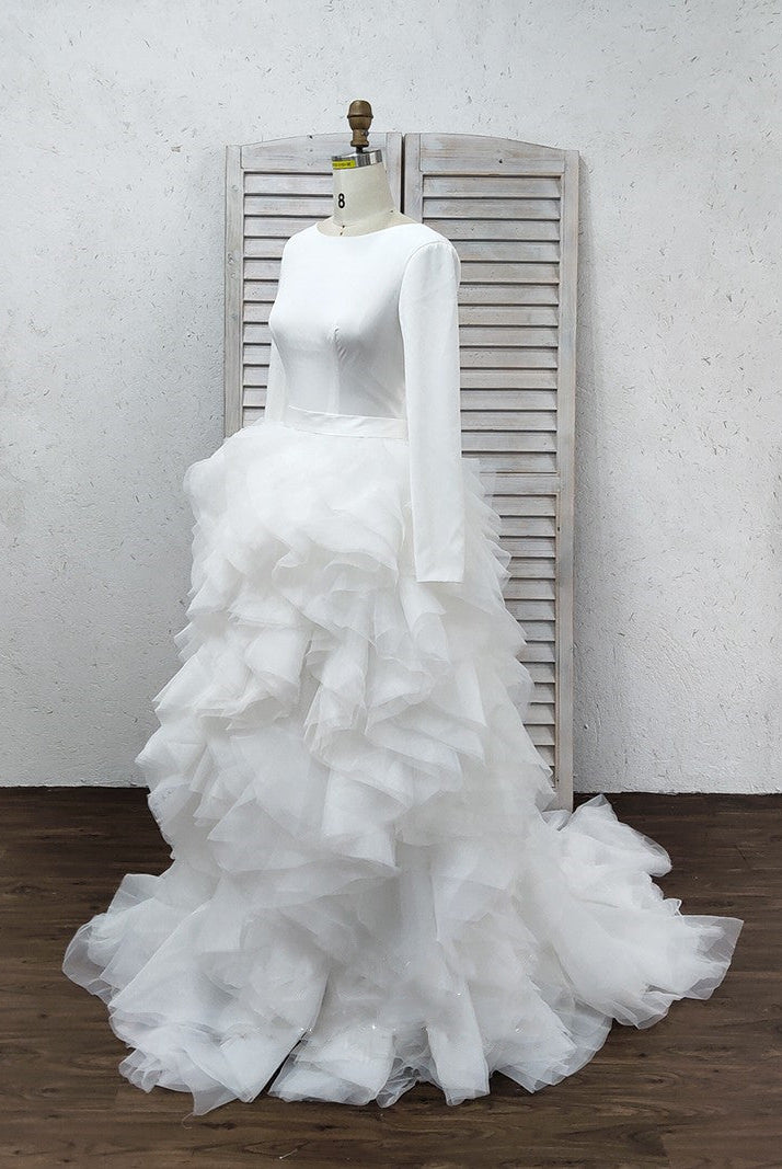 A-Line Tulle Ruffles Bateau Long Sleeves Court Train Wedding Dresses