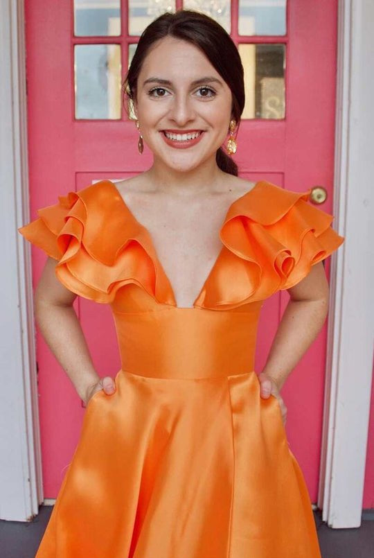 Betsy | Hot Pink V-Neck Ruffle A-Line Long Prom Dress