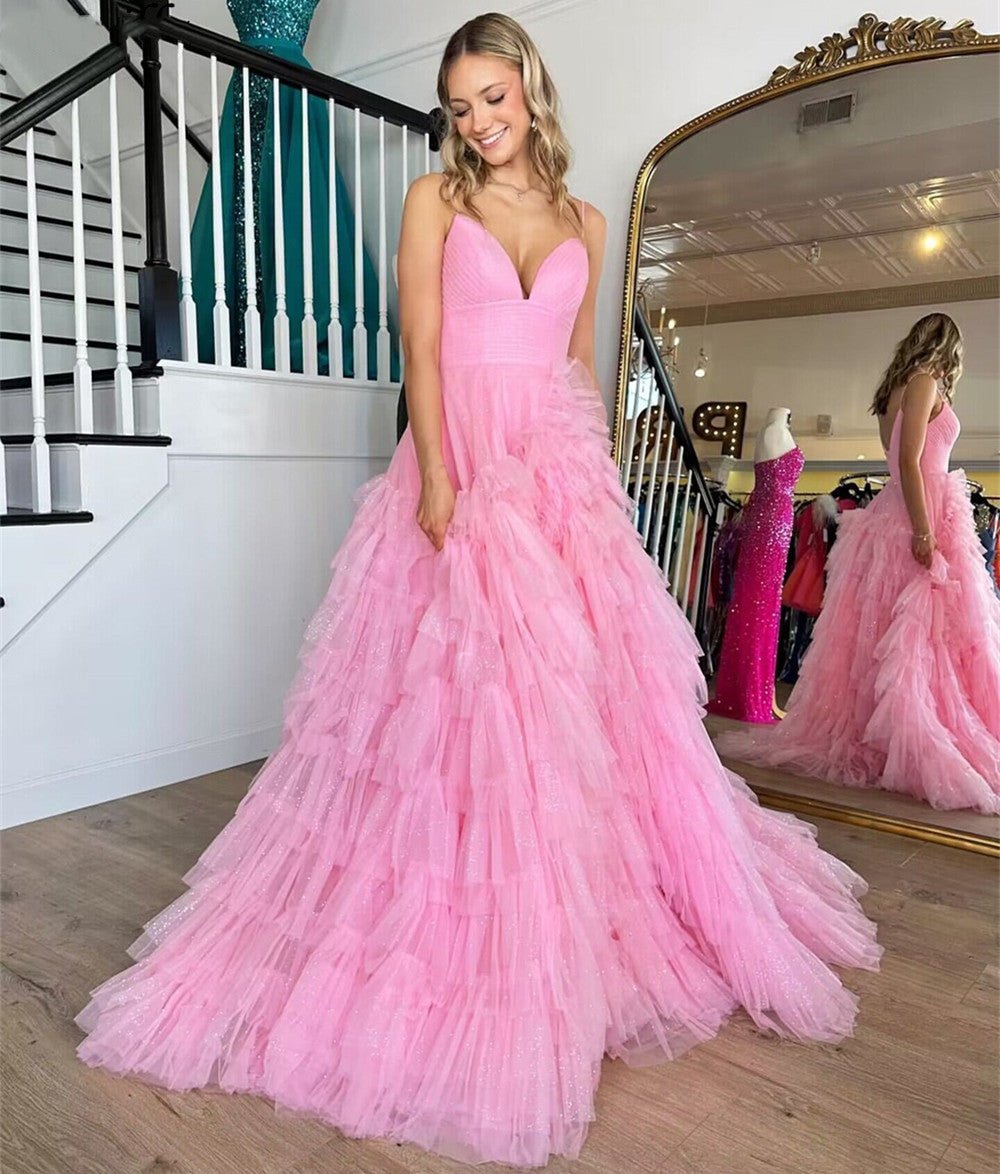 A-Line Spaghetti Straps Tiered Tulle Prom Dress, Pink / 4 A-Line Spaghetti Straps Tiered Tulle Prom Dress, Pink / 4