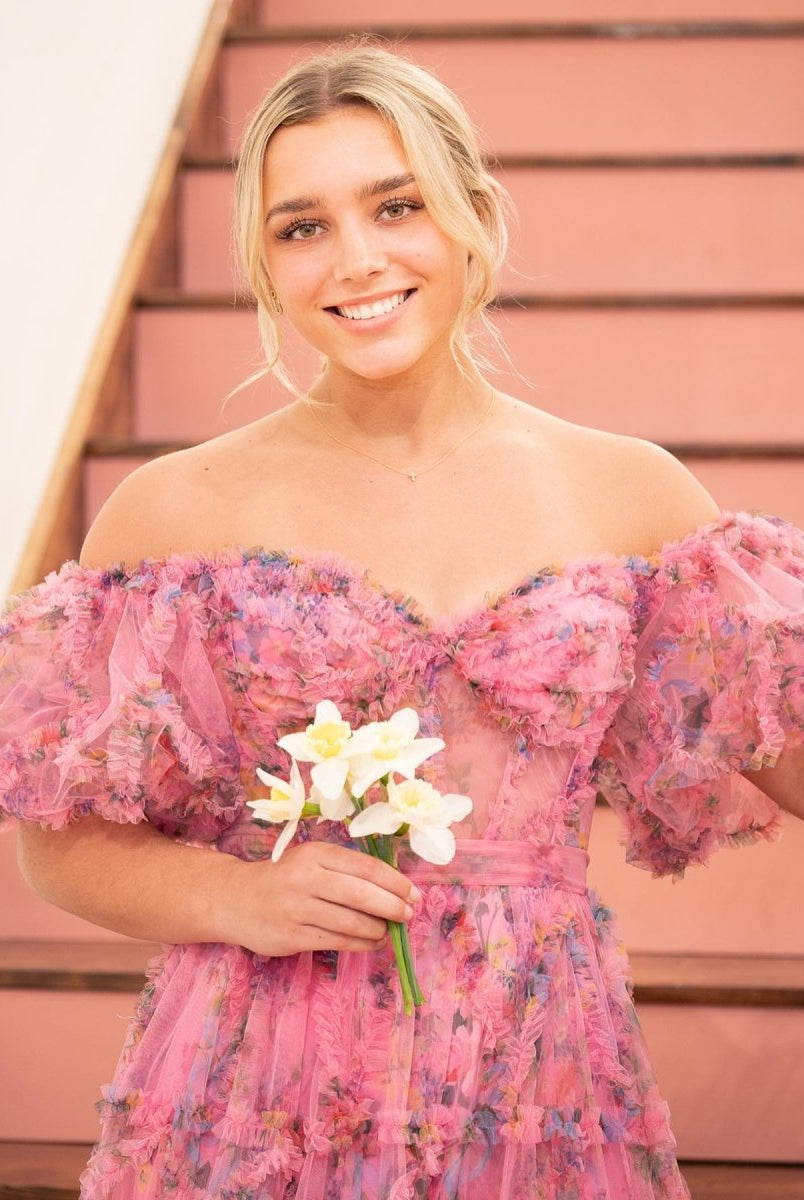 Sydney |A Line Off The Shoulder Floral Tulle Prom Dress