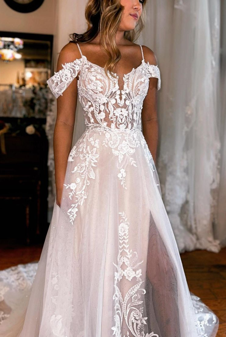 Kelly | A-Line Off The Shoulder Wedding Dress With Appliques And Slit