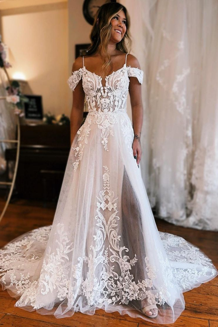 Kelly | A-Line Off The Shoulder Wedding Dress With Appliques And Slit