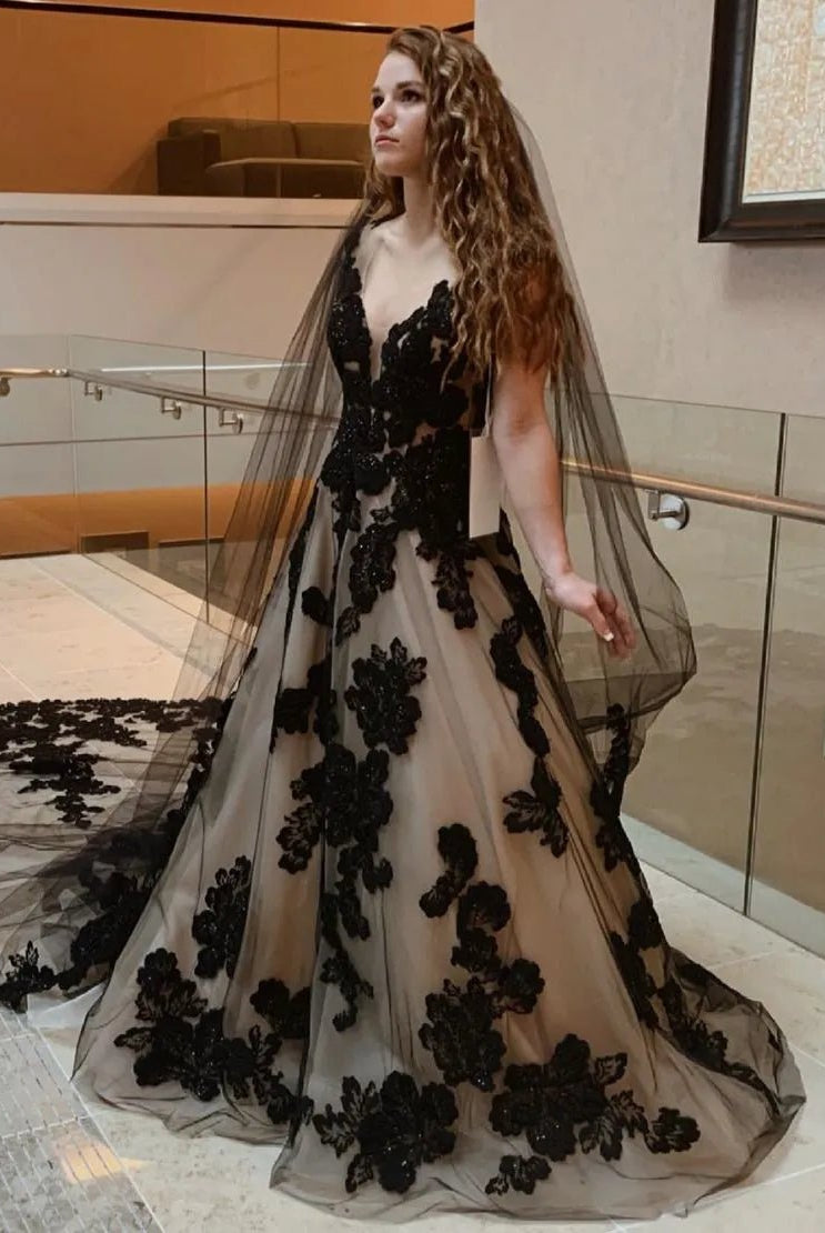 A-Line V-Neck Open Back Court Train Black Wedding Dress With Veil