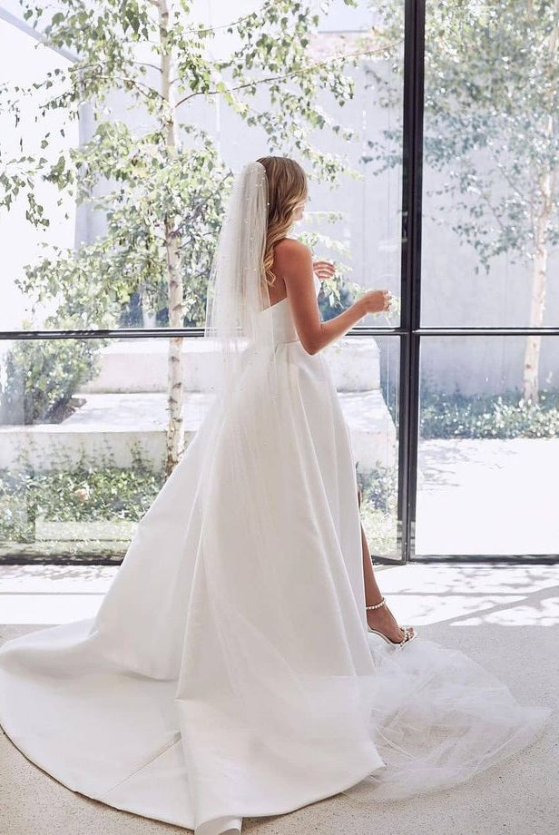 Janalee | A-Line White Sleeveless Satin Wedding Dress With Side Slit