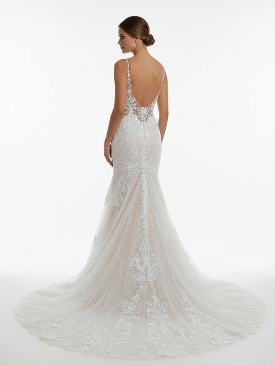 Aliza | Ivory Mermaid Spaghetti Straps Backless Long Lace Wedding Dress - KissProm