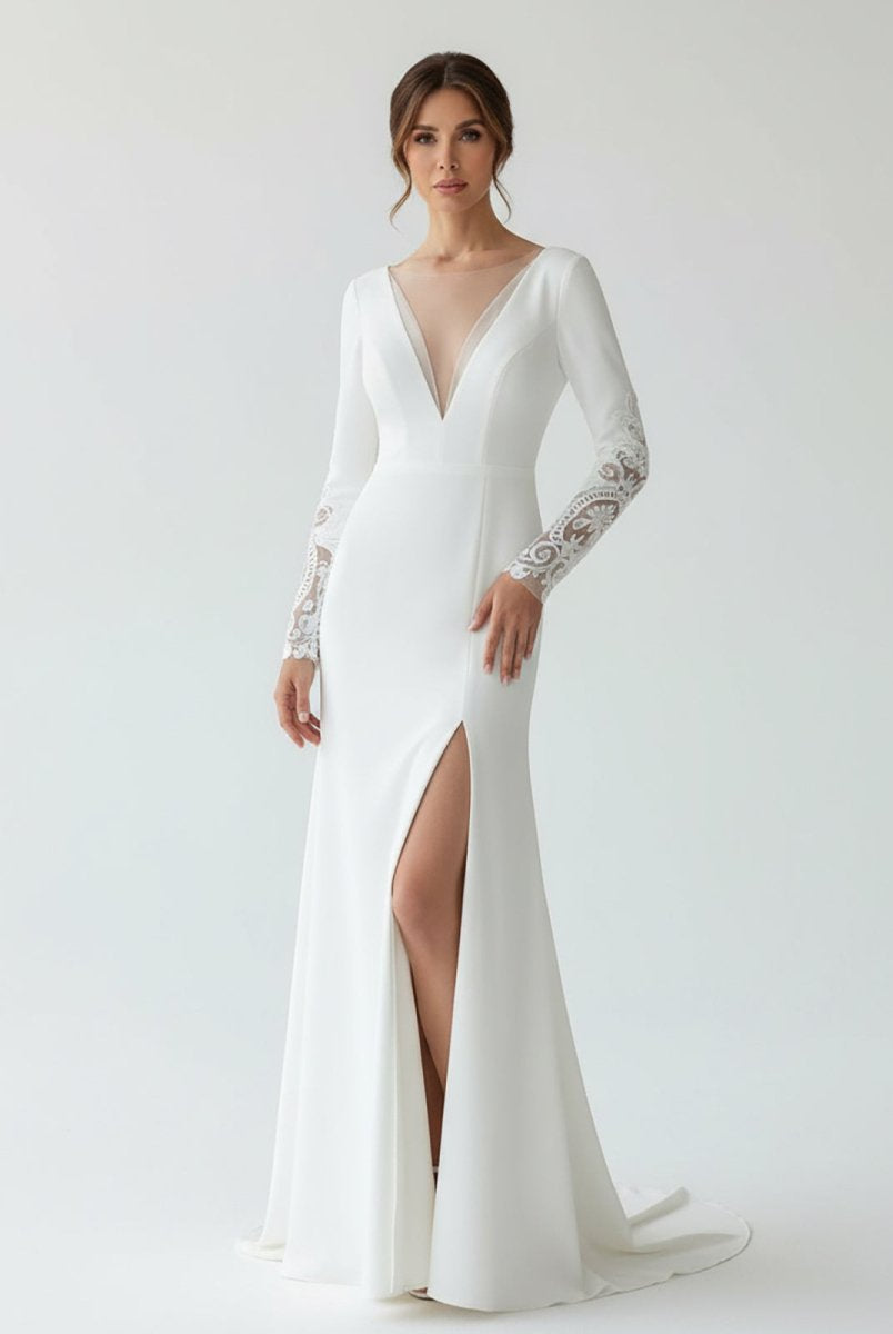 Hollynn | Casual V - neck mermaid Sweep Train Long Sleeve Wedding Dress With Slit - KissProm