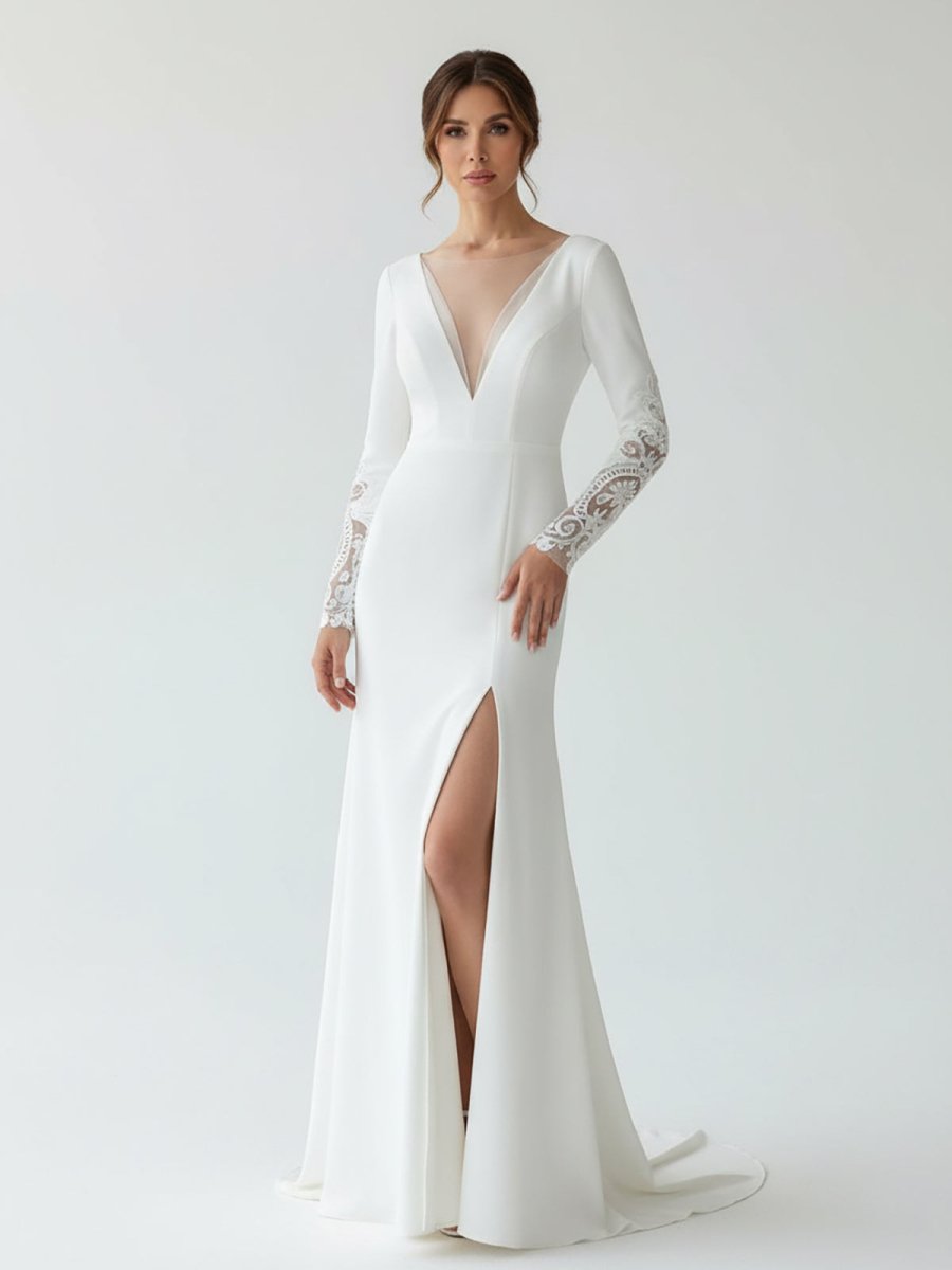 Hollynn | Casual V - neck mermaid Sweep Train Long Sleeve Wedding Dress With Slit - KissProm