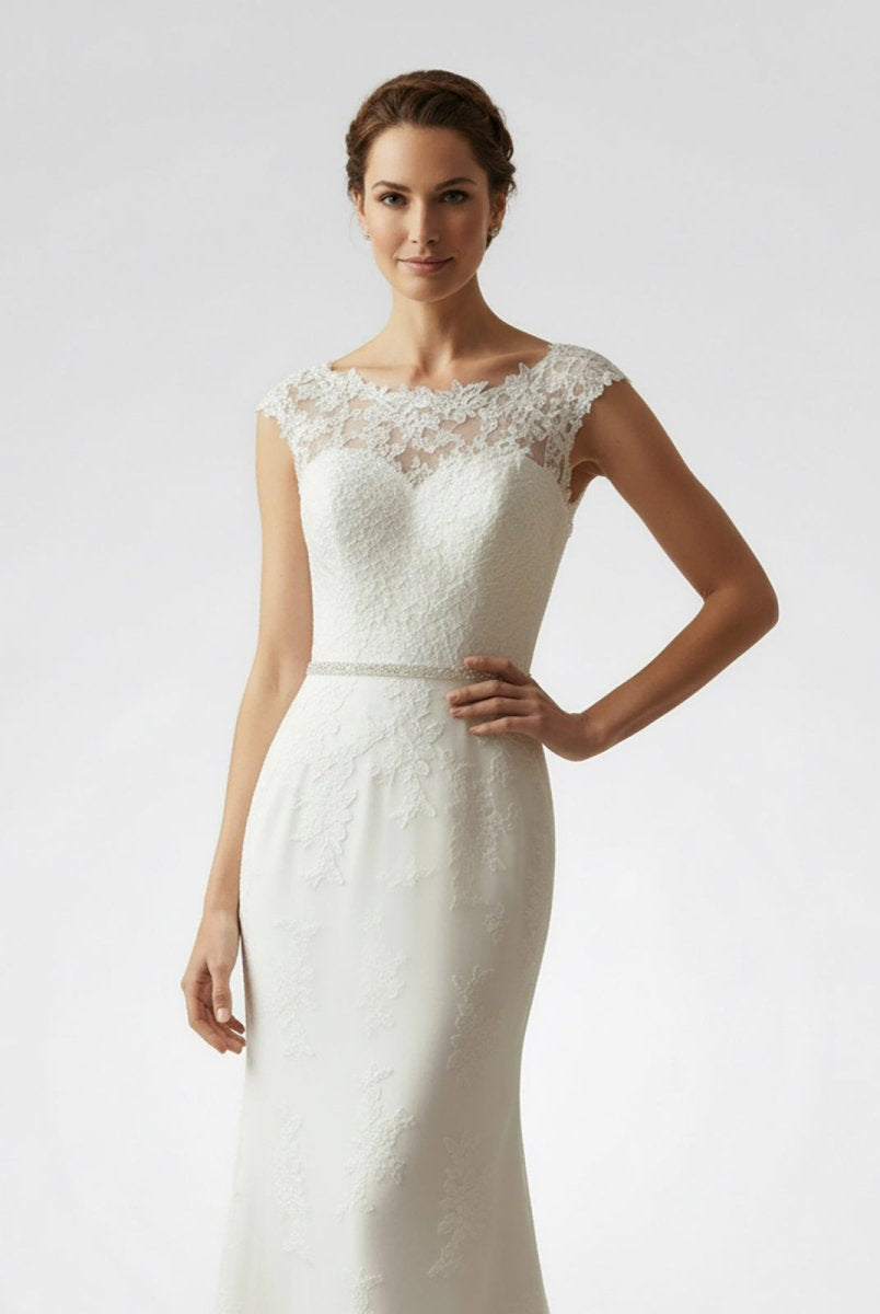 Bateau Neck Cap Sleeve Fit and Flare Lace Wedding Dress - KissProm