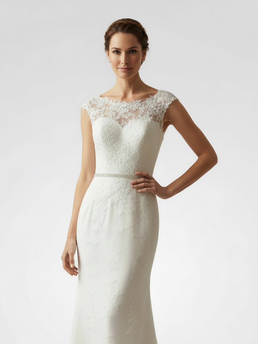 Bateau Neck Cap Sleeve Fit and Flare Lace Wedding Dress - KissProm