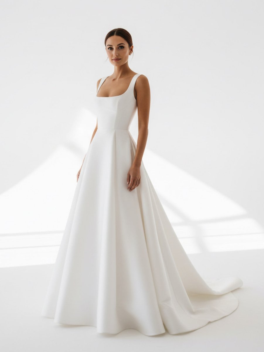 Simple A-Line Square Neck White Satin Wedding Dresses Simple A-Line Square Neck White Satin Wedding Dresses