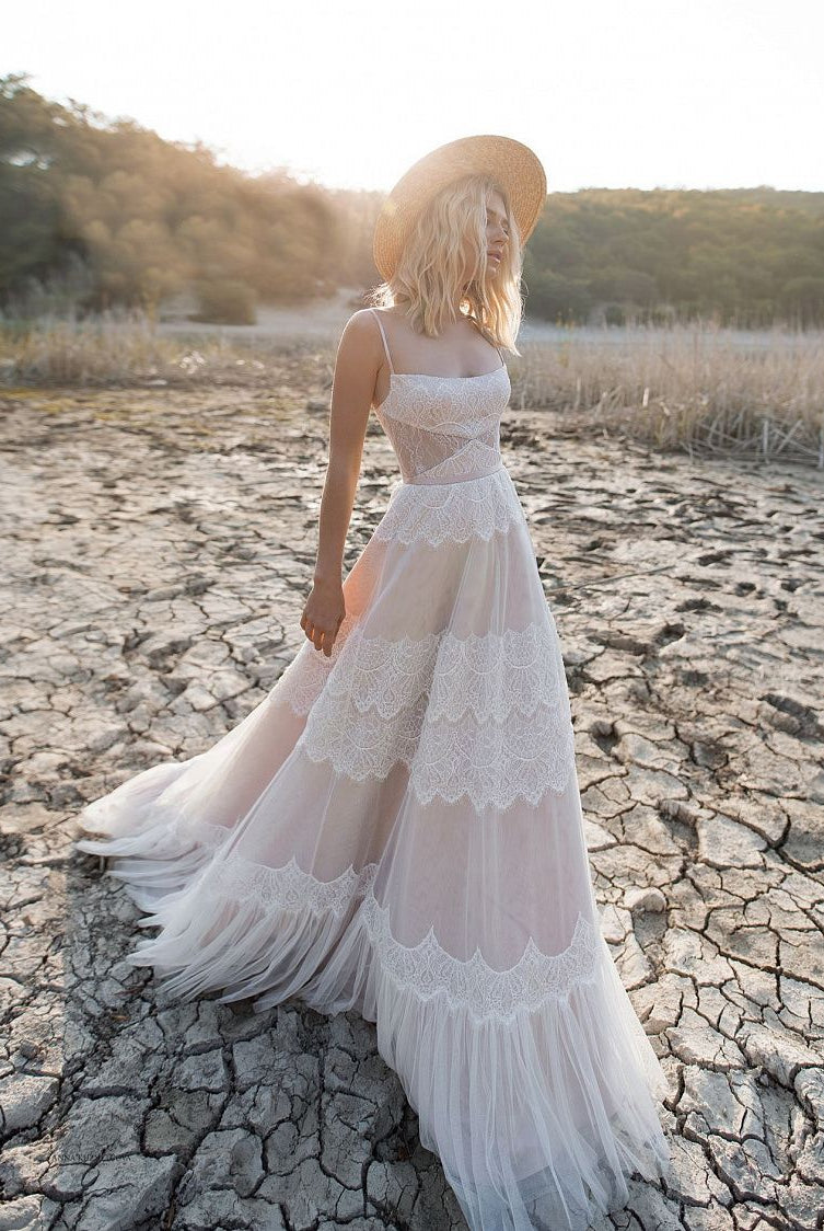 Giorgina | A Line Lace Spaghetti Straps Sleeveless Boho Wedding Dress