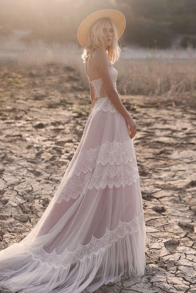 Giorgina | A Line Lace Spaghetti Straps Sleeveless Boho Wedding Dress
