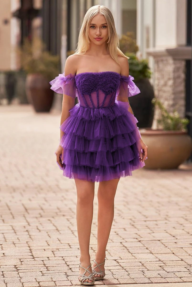 Claudine | A Line Purple Off-the-Shoulder Lace-Up Ruffle Tiered Homecoming Dress