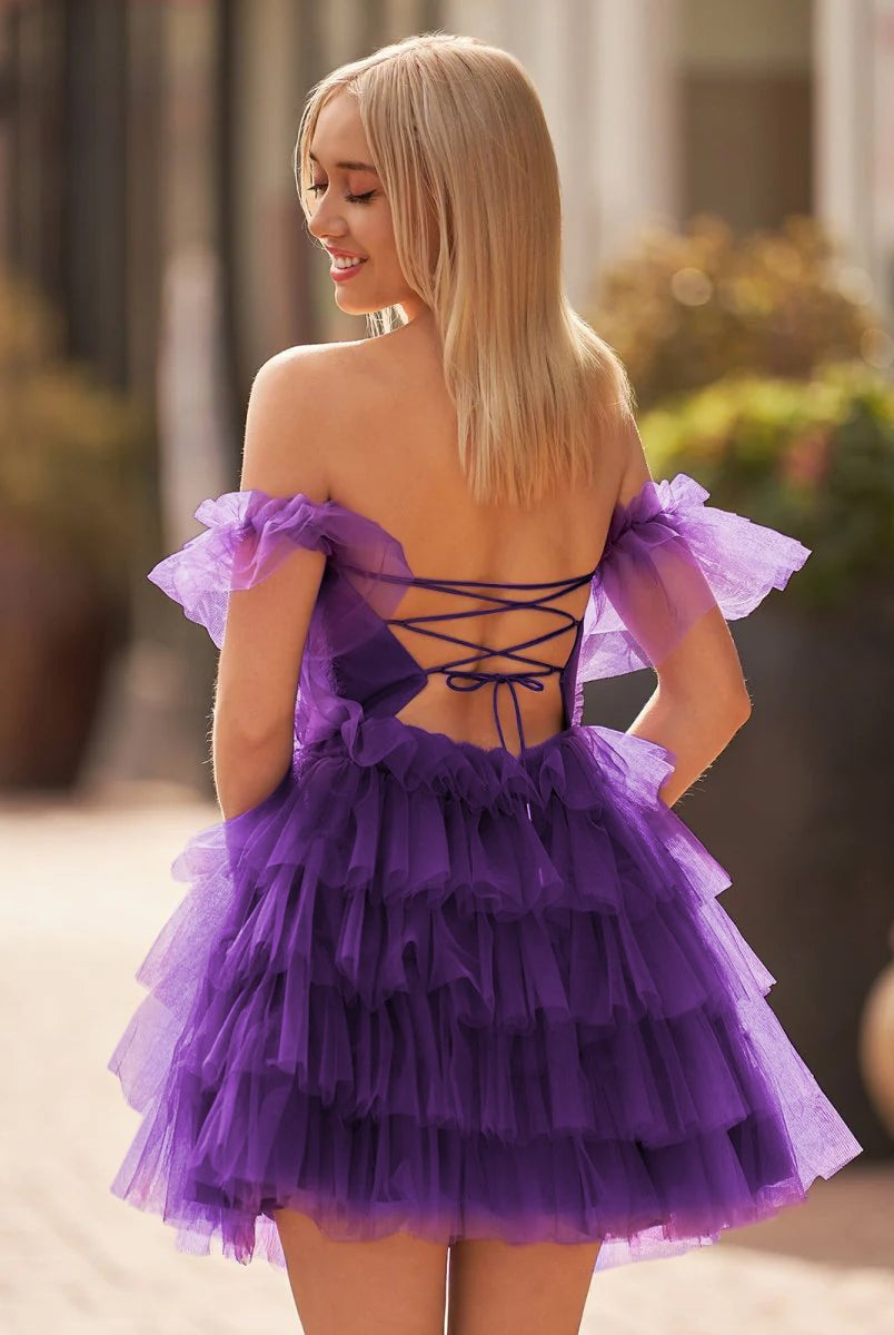 Claudine | A Line Purple Off-the-Shoulder Lace-Up Ruffle Tiered Homecoming Dress