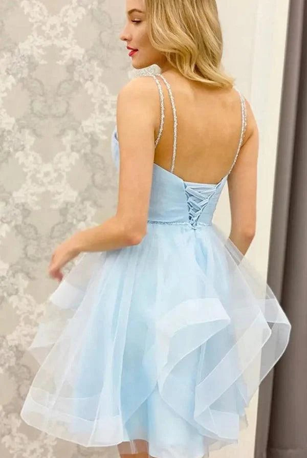 Candice | A-Line V Neck Light Blue Short Homecoming Dresses
