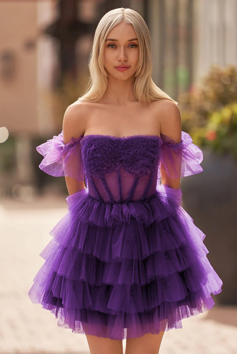 Claudine | A Line Purple Off-the-Shoulder Lace-Up Ruffle Tiered Homecoming Dress