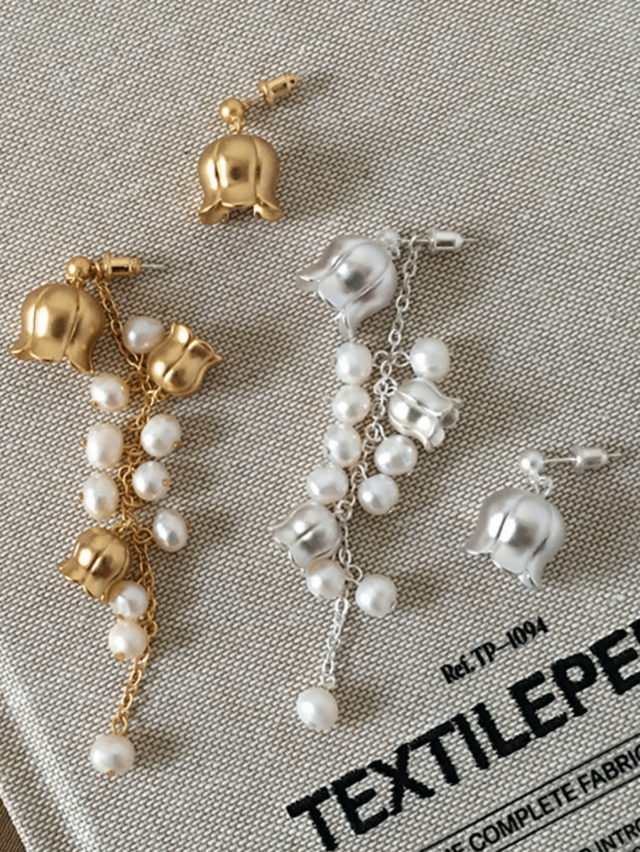 Asymmetric Tassel Flowers Pearl Long Earrings - KissProm