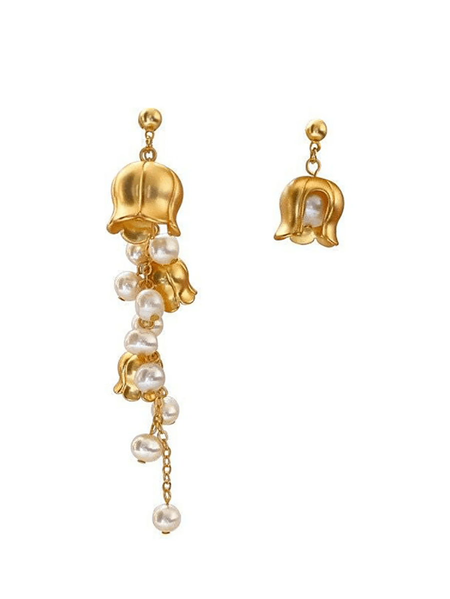 Asymmetric Tassel Flowers Pearl Long Earrings - KissProm