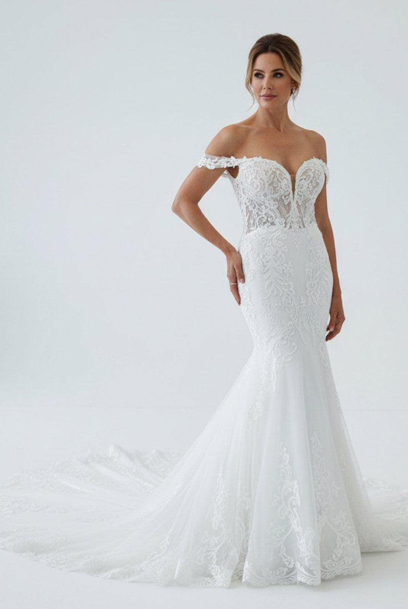 Jream | White Long Tulle Mermaid Wedding Dress with Lace Appliques - KissProm