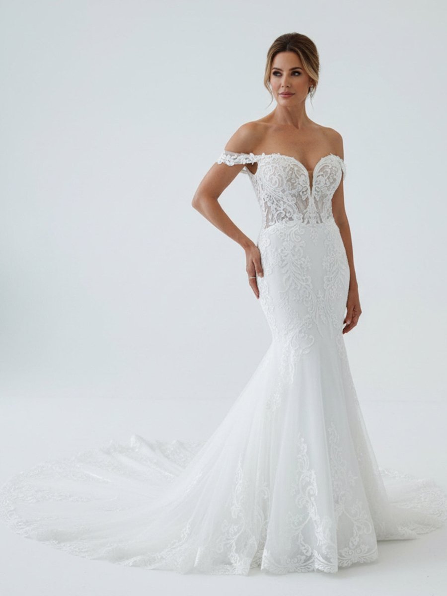 Jream | White Long Tulle Mermaid Wedding Dress with Lace Appliques - KissProm