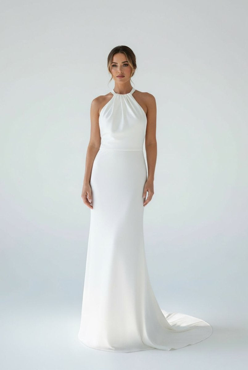 Sheath Satin Backless Halter Wedding Dress - KissProm