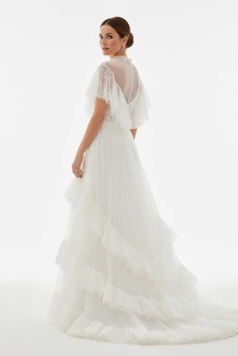 High Split A - Line See - through Short Sleeves Ruffle Tulle Wedding Dresses - KissProm