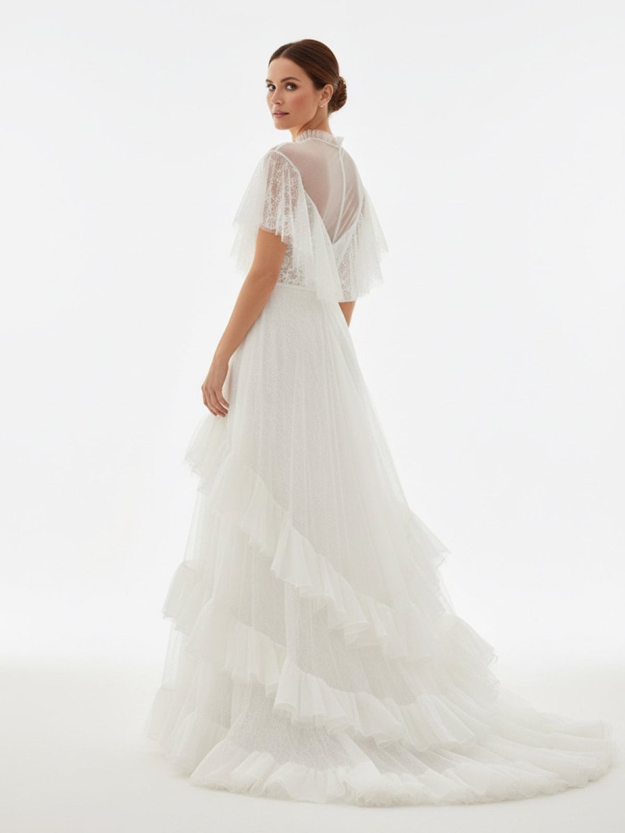 High Split A - Line See - through Short Sleeves Ruffle Tulle Wedding Dresses - KissProm